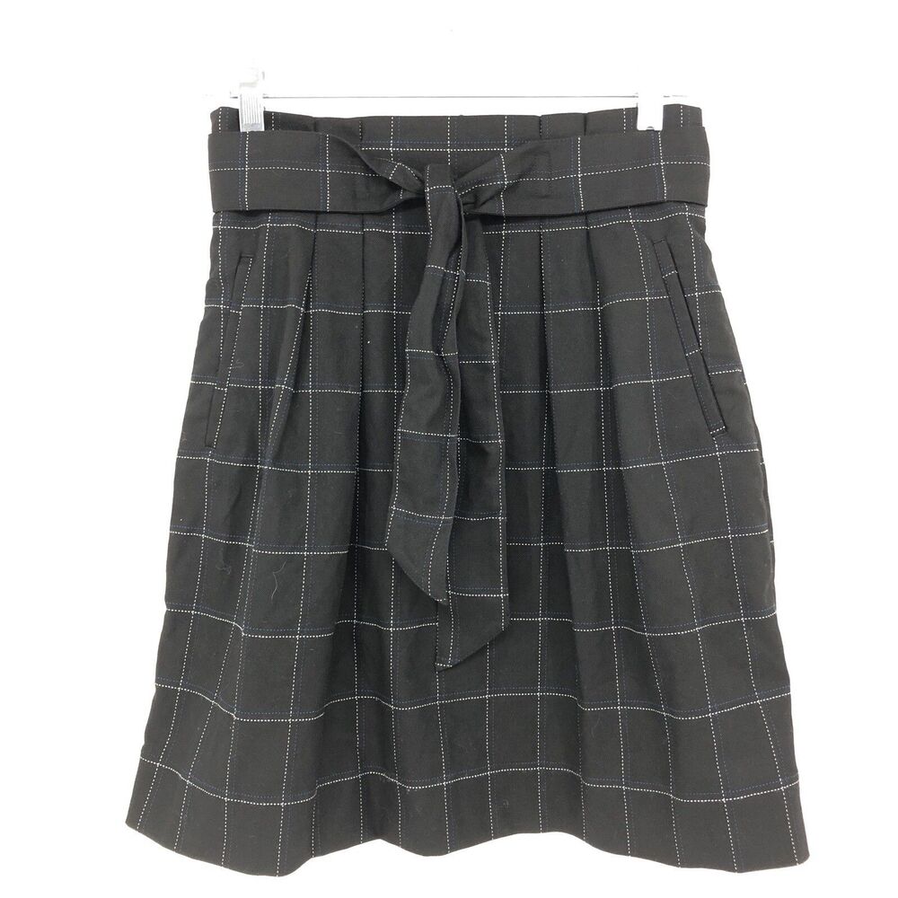 H&M HM Black Plaid Belted A Line Pleated Skirt 4 (28x21)